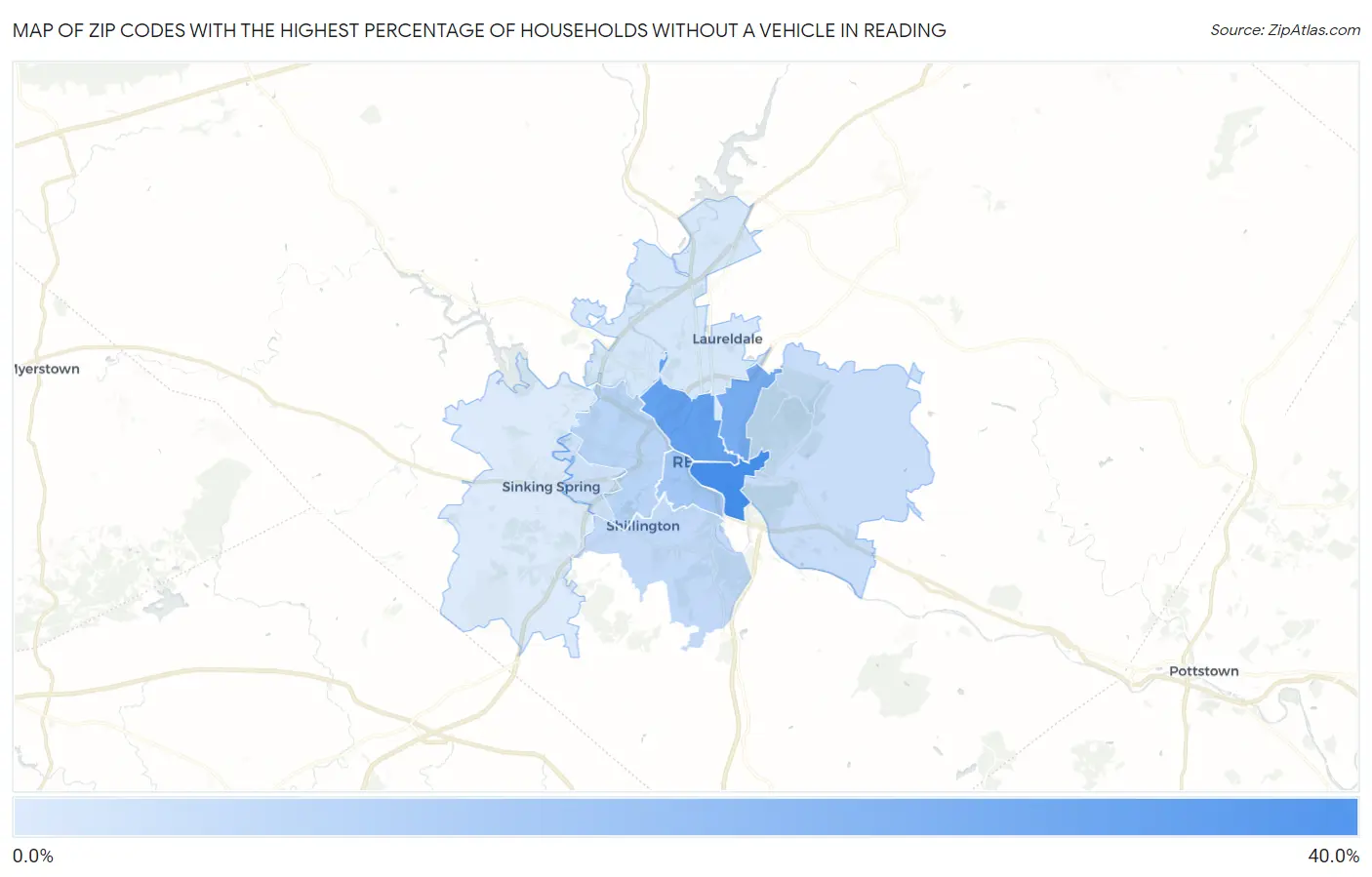 Zip Codes with the Highest Percentage of Households Without a Vehicle in Reading Map