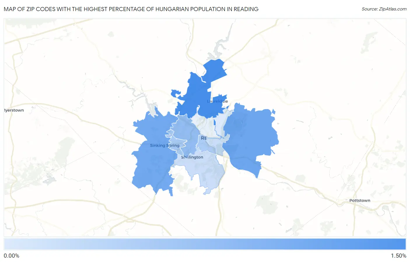 Zip Codes with the Highest Percentage of Hungarian Population in Reading Map
