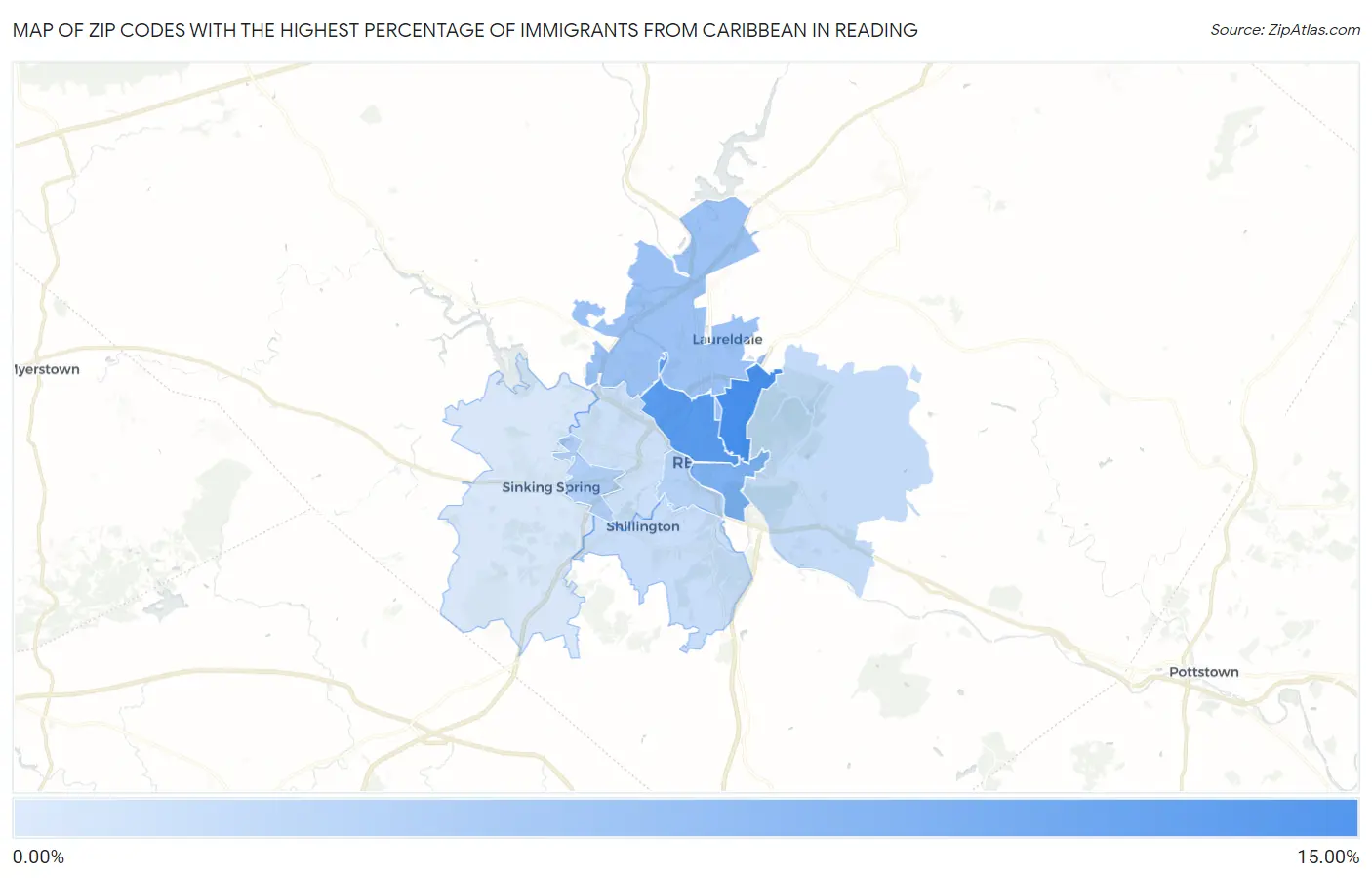 Zip Codes with the Highest Percentage of Immigrants from Caribbean in Reading Map