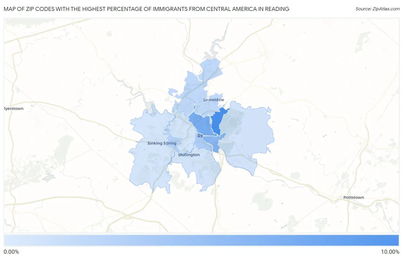 Zip Codes with the Highest Percentage of Immigrants from Central America in Reading Map