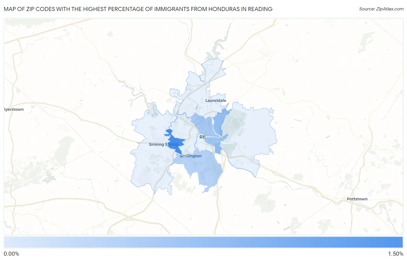 Zip Codes with the Highest Percentage of Immigrants from Honduras in Reading Map