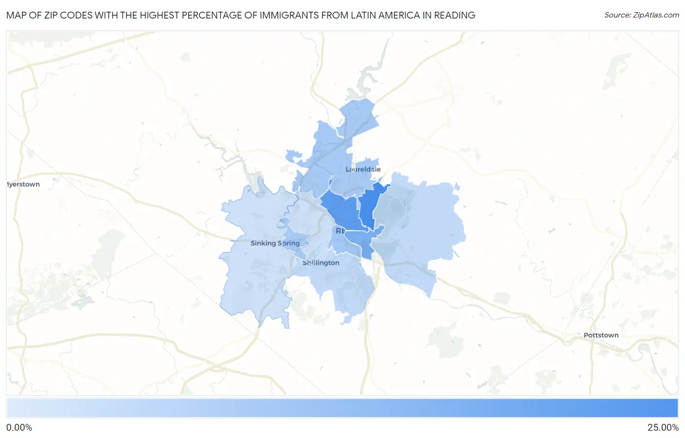 Zip Codes with the Highest Percentage of Immigrants from Latin America in Reading Map