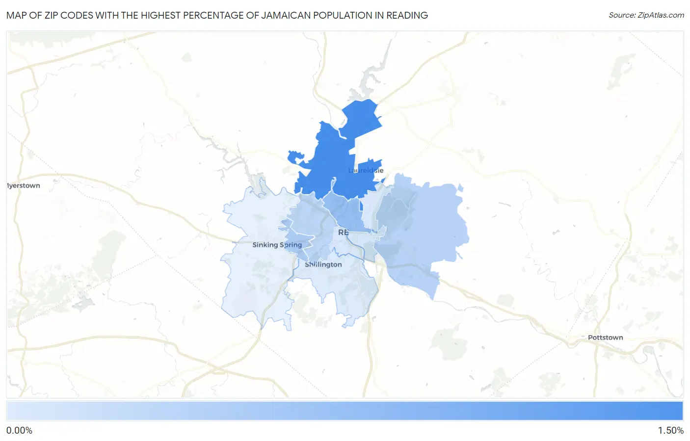 Zip Codes with the Highest Percentage of Jamaican Population in Reading Map