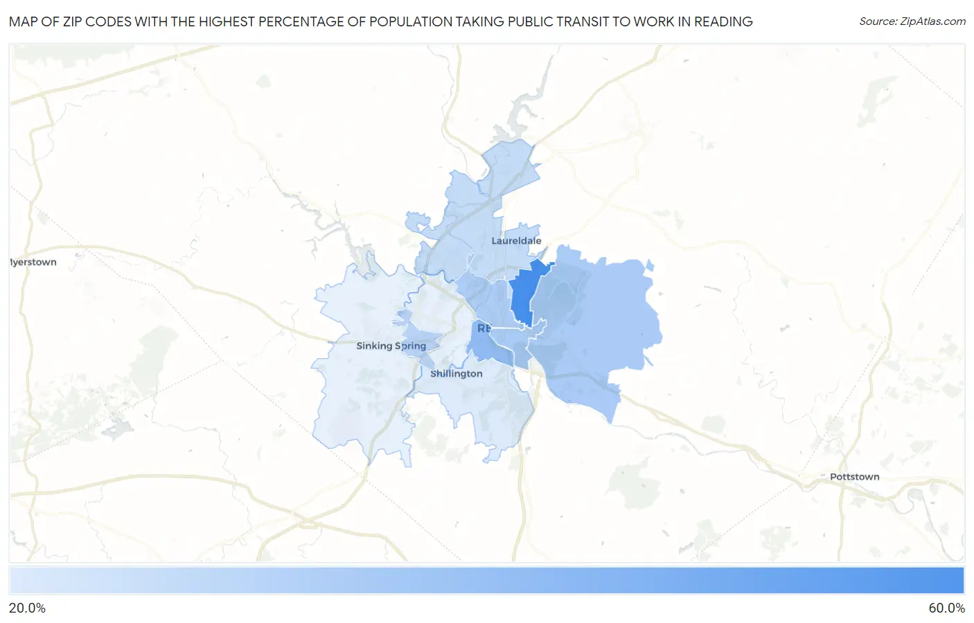 Zip Codes with the Highest Percentage of Population Taking Public Transit to Work in Reading Map