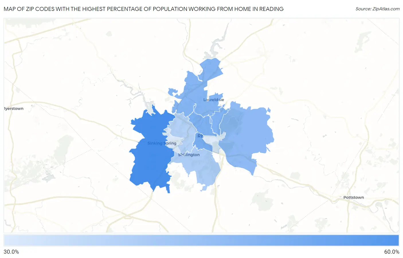 Zip Codes with the Highest Percentage of Population Working from Home in Reading Map