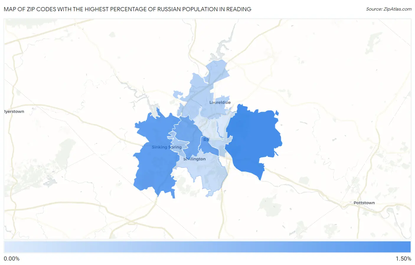 Zip Codes with the Highest Percentage of Russian Population in Reading Map