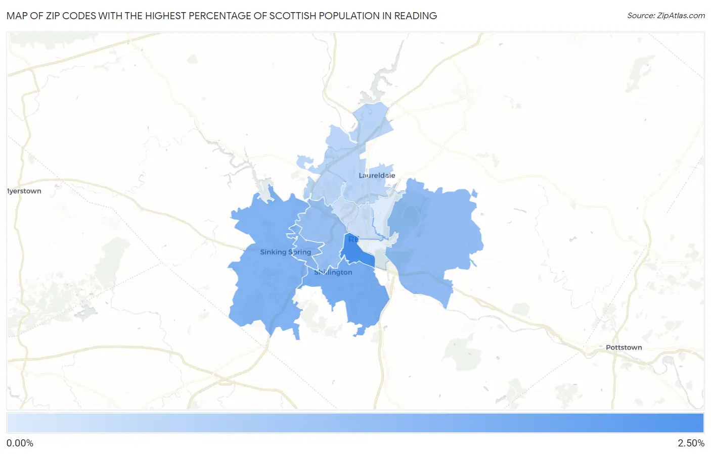 Zip Codes with the Highest Percentage of Scottish Population in Reading Map