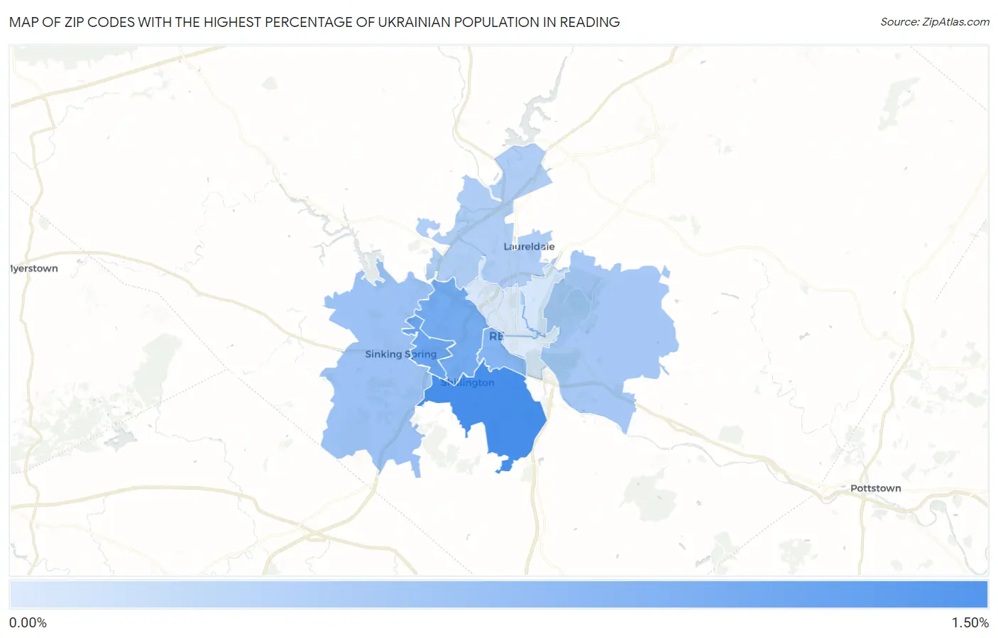 Zip Codes with the Highest Percentage of Ukrainian Population in Reading Map