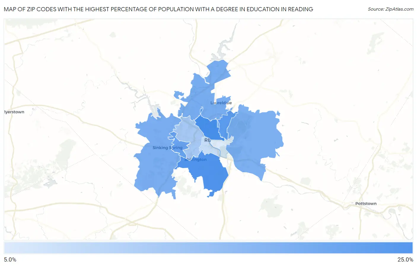 Zip Codes with the Highest Percentage of Population with a Degree in Education in Reading Map