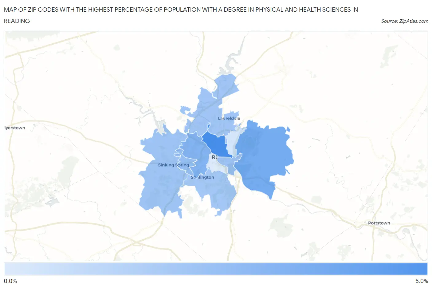 Zip Codes with the Highest Percentage of Population with a Degree in Physical and Health Sciences in Reading Map