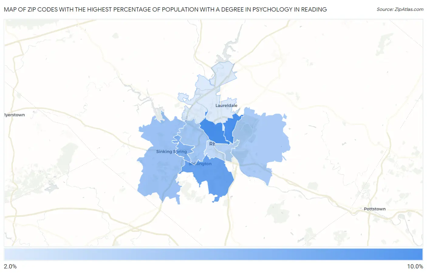 Zip Codes with the Highest Percentage of Population with a Degree in Psychology in Reading Map