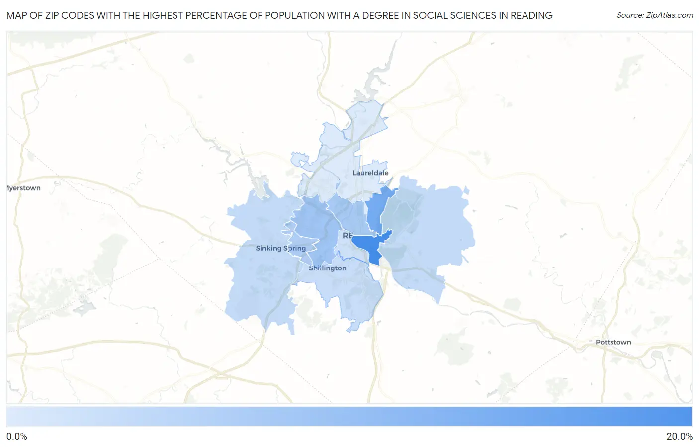 Zip Codes with the Highest Percentage of Population with a Degree in Social Sciences in Reading Map