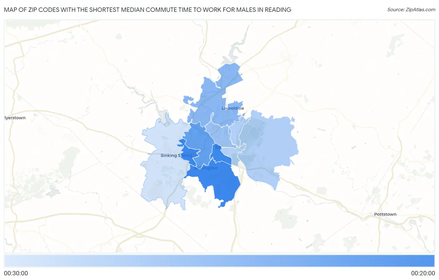 Zip Codes with the Shortest Median Commute Time to Work for Males in Reading Map