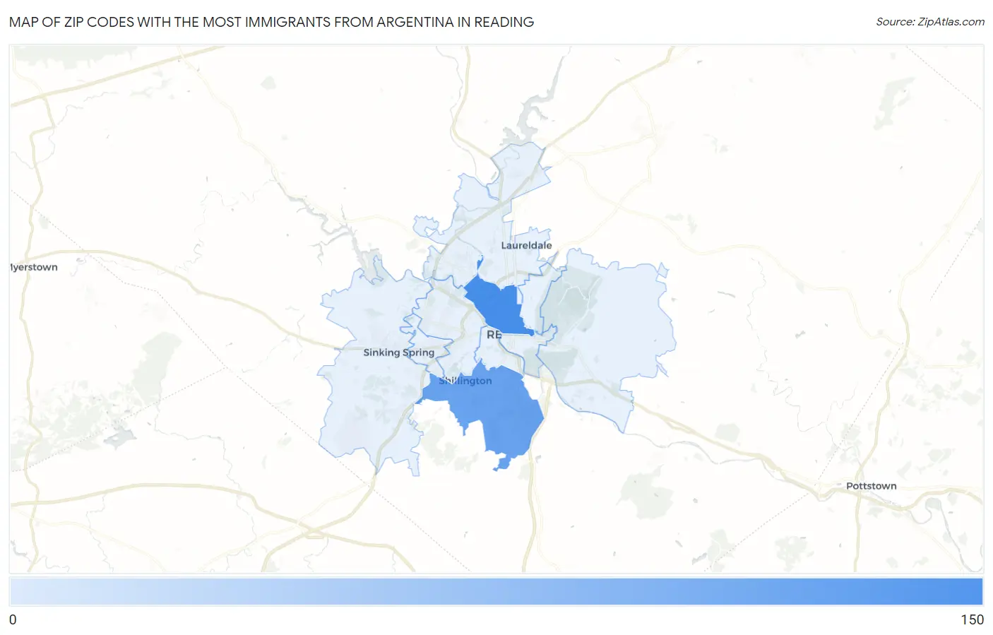 Zip Codes with the Most Immigrants from Argentina in Reading Map