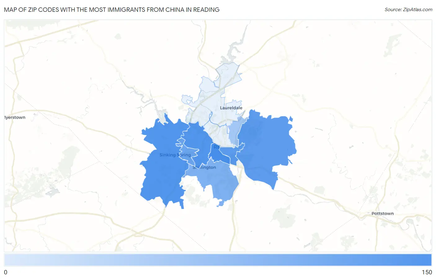 Zip Codes with the Most Immigrants from China in Reading Map
