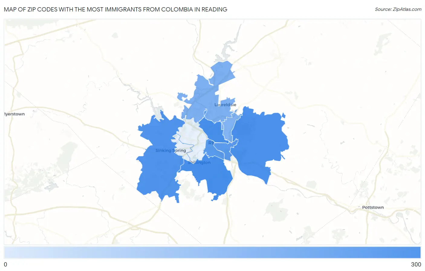 Zip Codes with the Most Immigrants from Colombia in Reading Map
