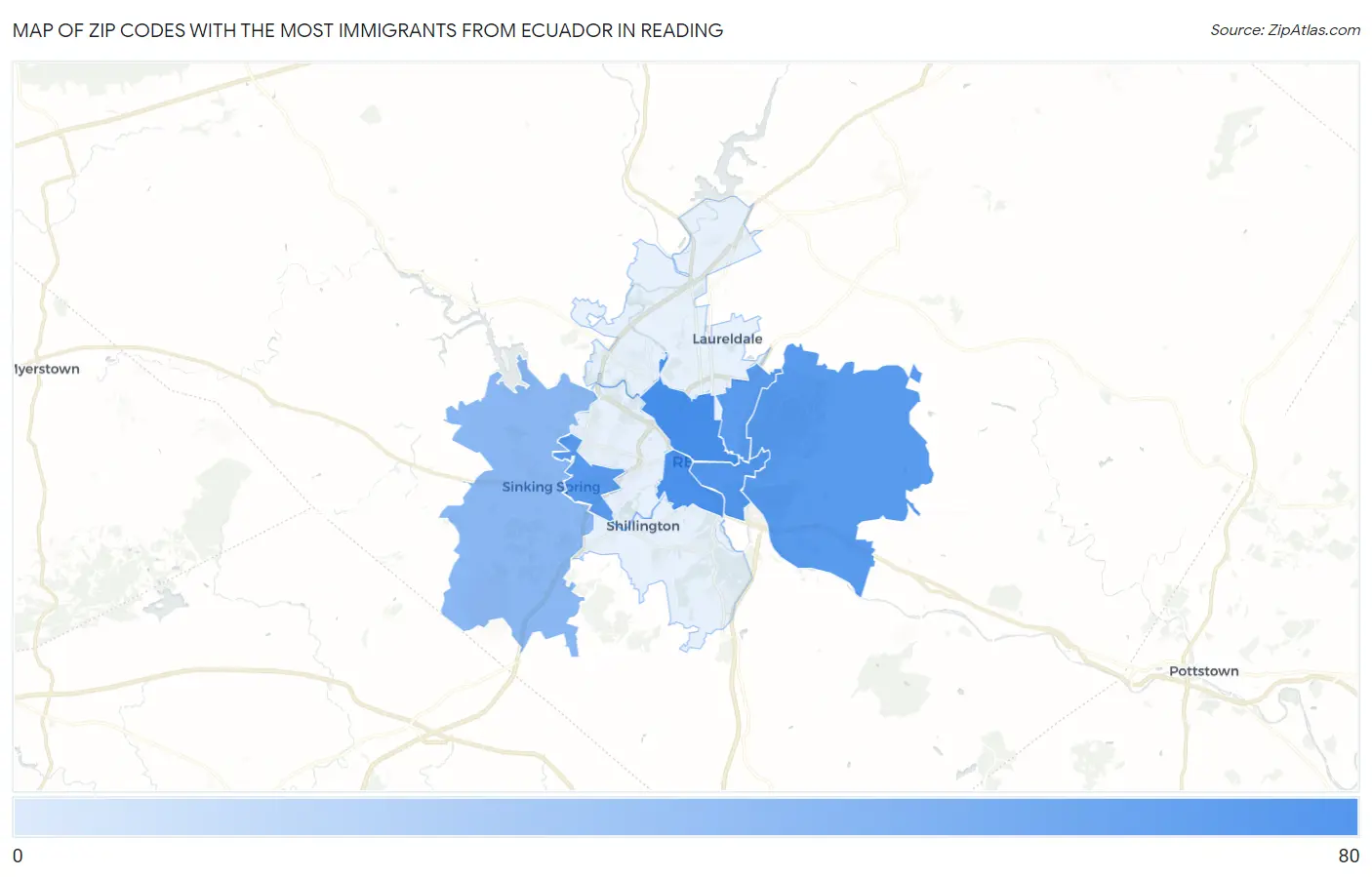 Zip Codes with the Most Immigrants from Ecuador in Reading Map