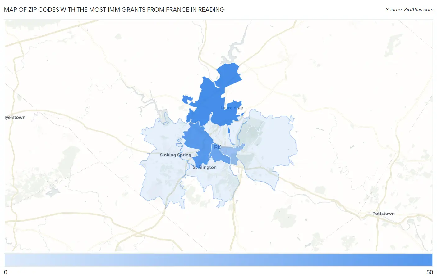 Zip Codes with the Most Immigrants from France in Reading Map