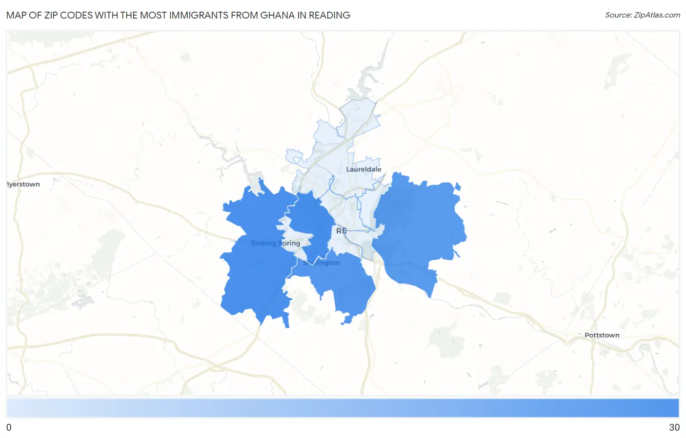 Zip Codes with the Most Immigrants from Ghana in Reading Map