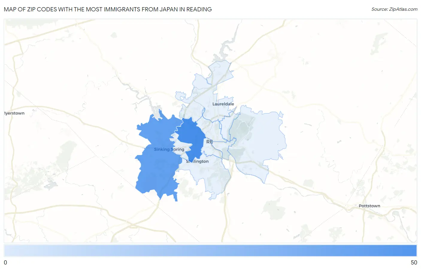 Zip Codes with the Most Immigrants from Japan in Reading Map