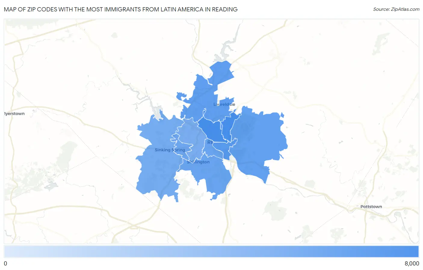 Zip Codes with the Most Immigrants from Latin America in Reading Map