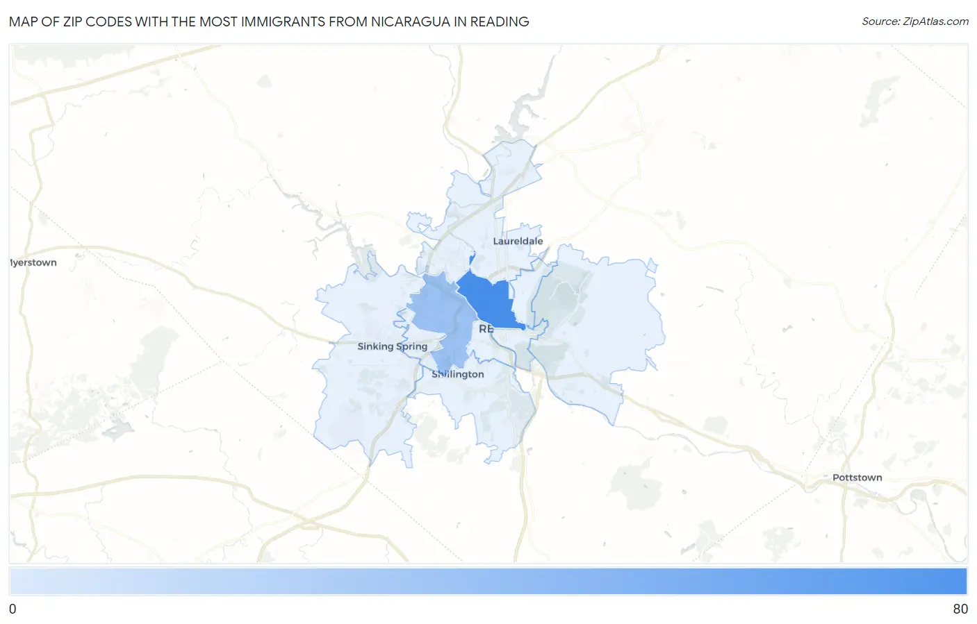 Zip Codes with the Most Immigrants from Nicaragua in Reading Map