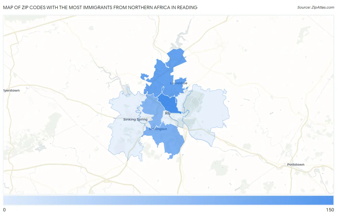 Zip Codes with the Most Immigrants from Northern Africa in Reading Map