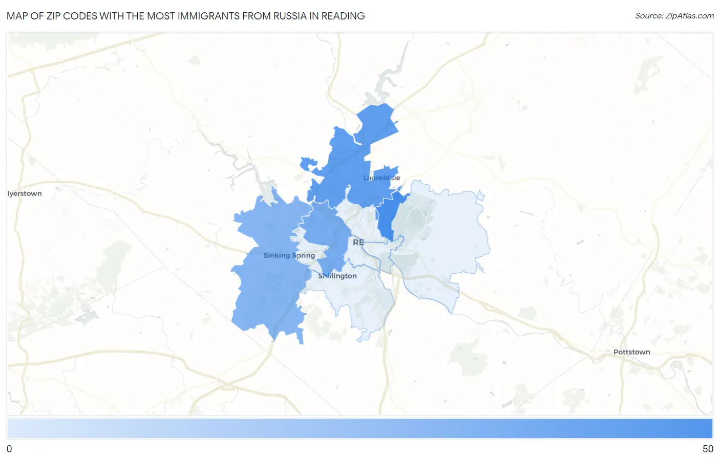 Zip Codes with the Most Immigrants from Russia in Reading Map