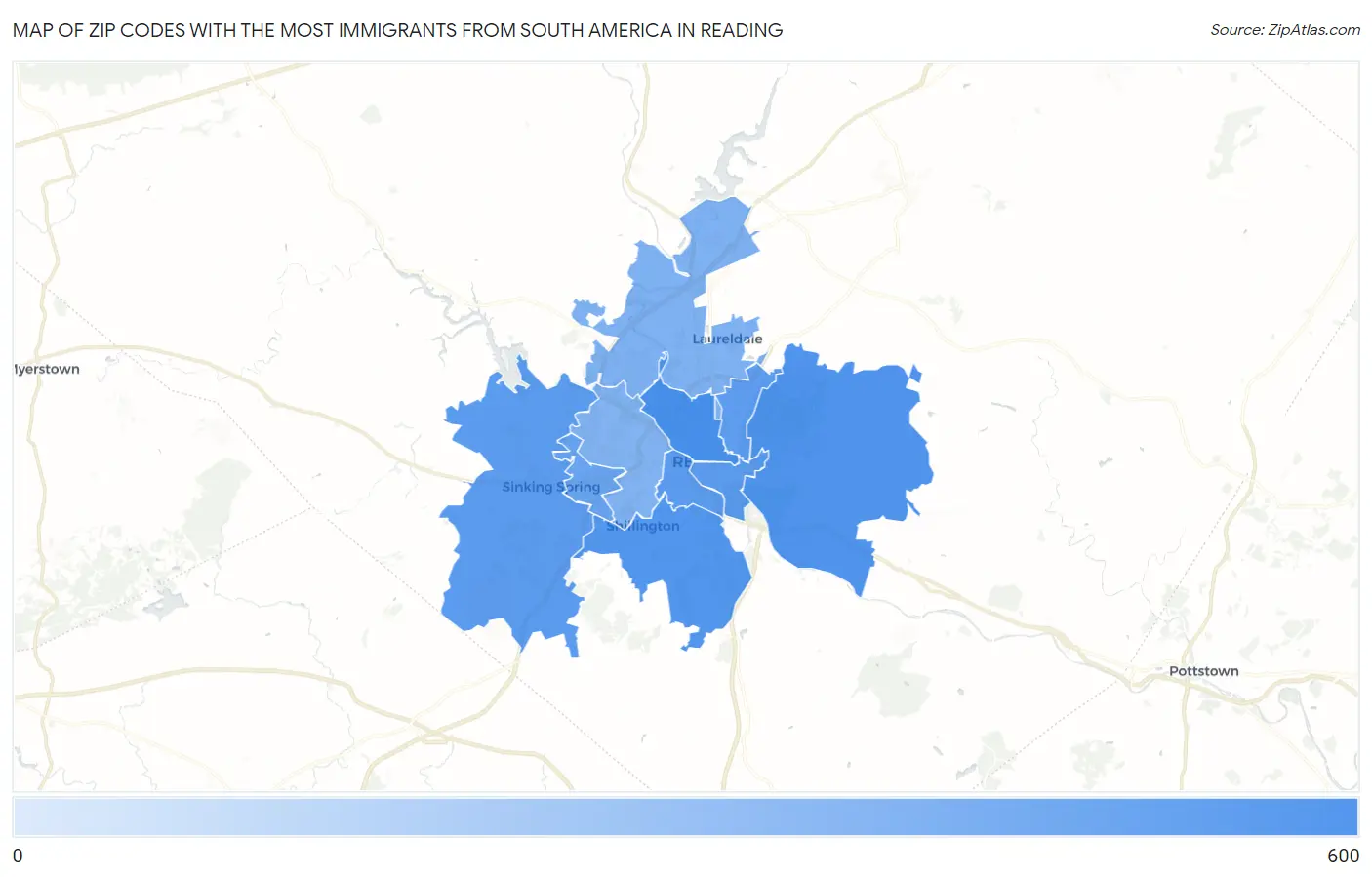 Zip Codes with the Most Immigrants from South America in Reading Map