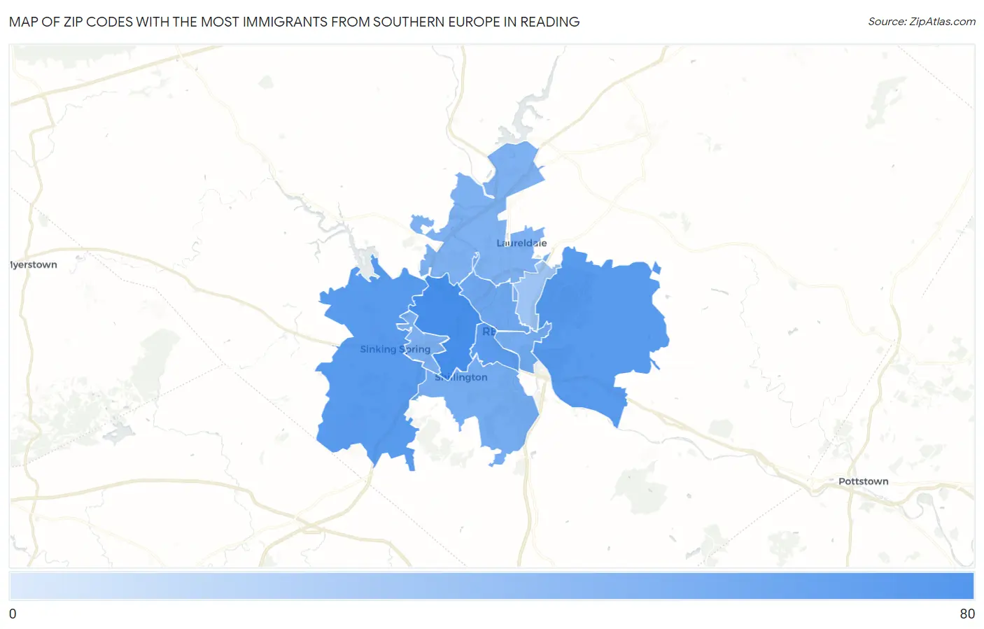 Zip Codes with the Most Immigrants from Southern Europe in Reading Map