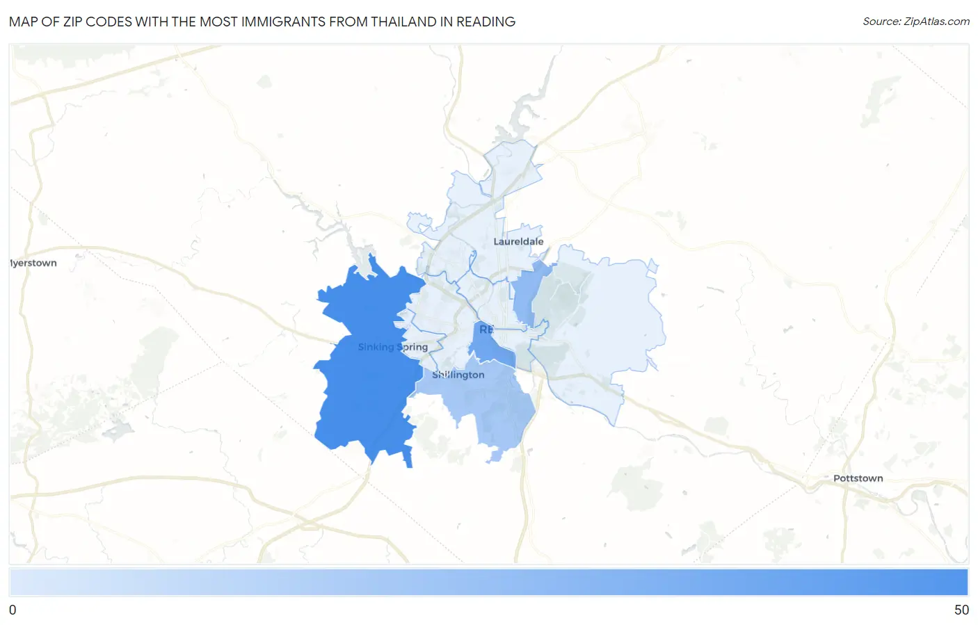 Zip Codes with the Most Immigrants from Thailand in Reading Map