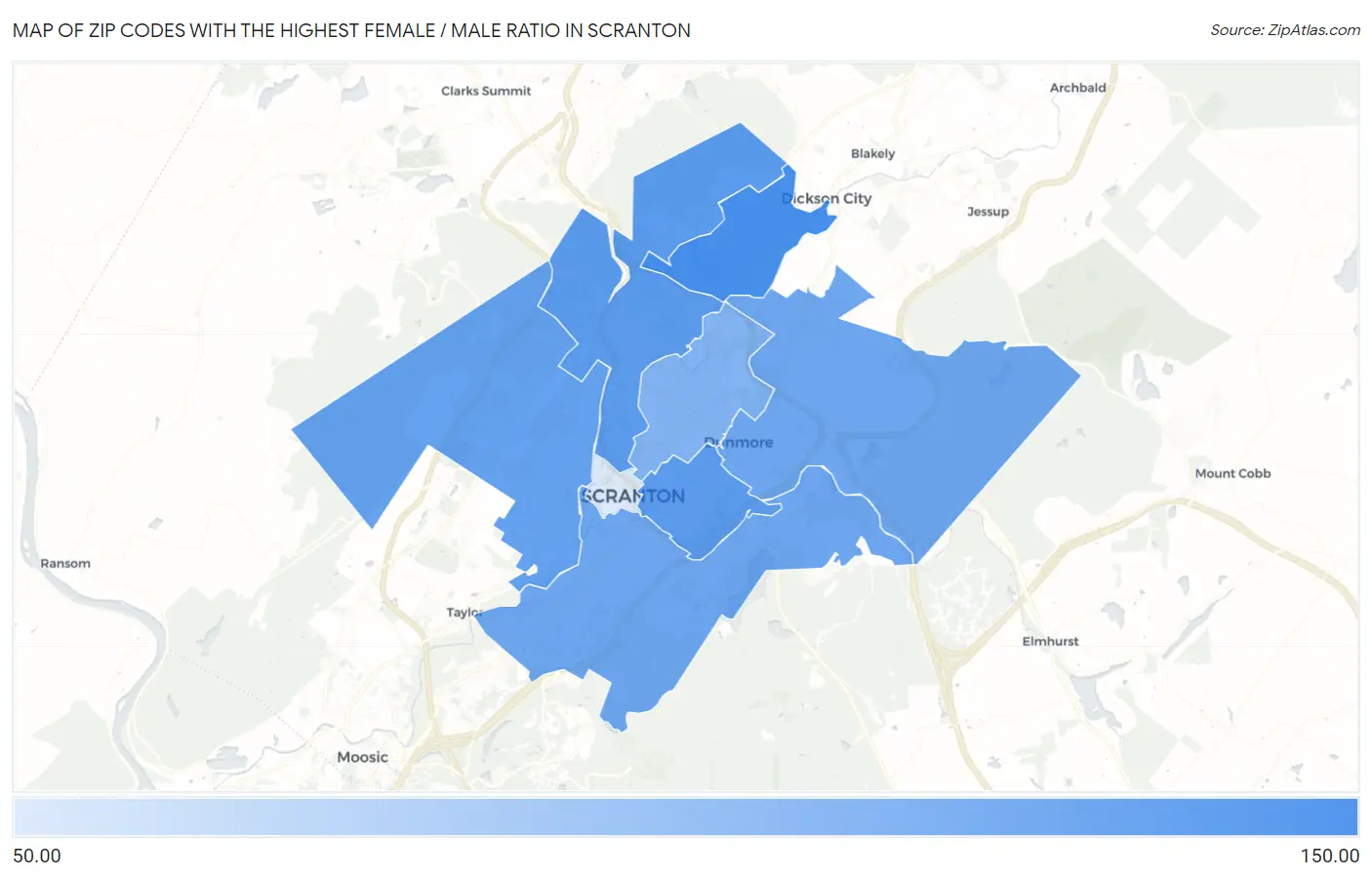 Zip Codes with the Highest Female / Male Ratio in Scranton Map