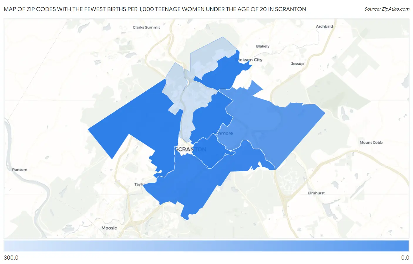 Zip Codes with the Fewest Births per 1,000 Teenage Women Under the Age of 20 in Scranton Map
