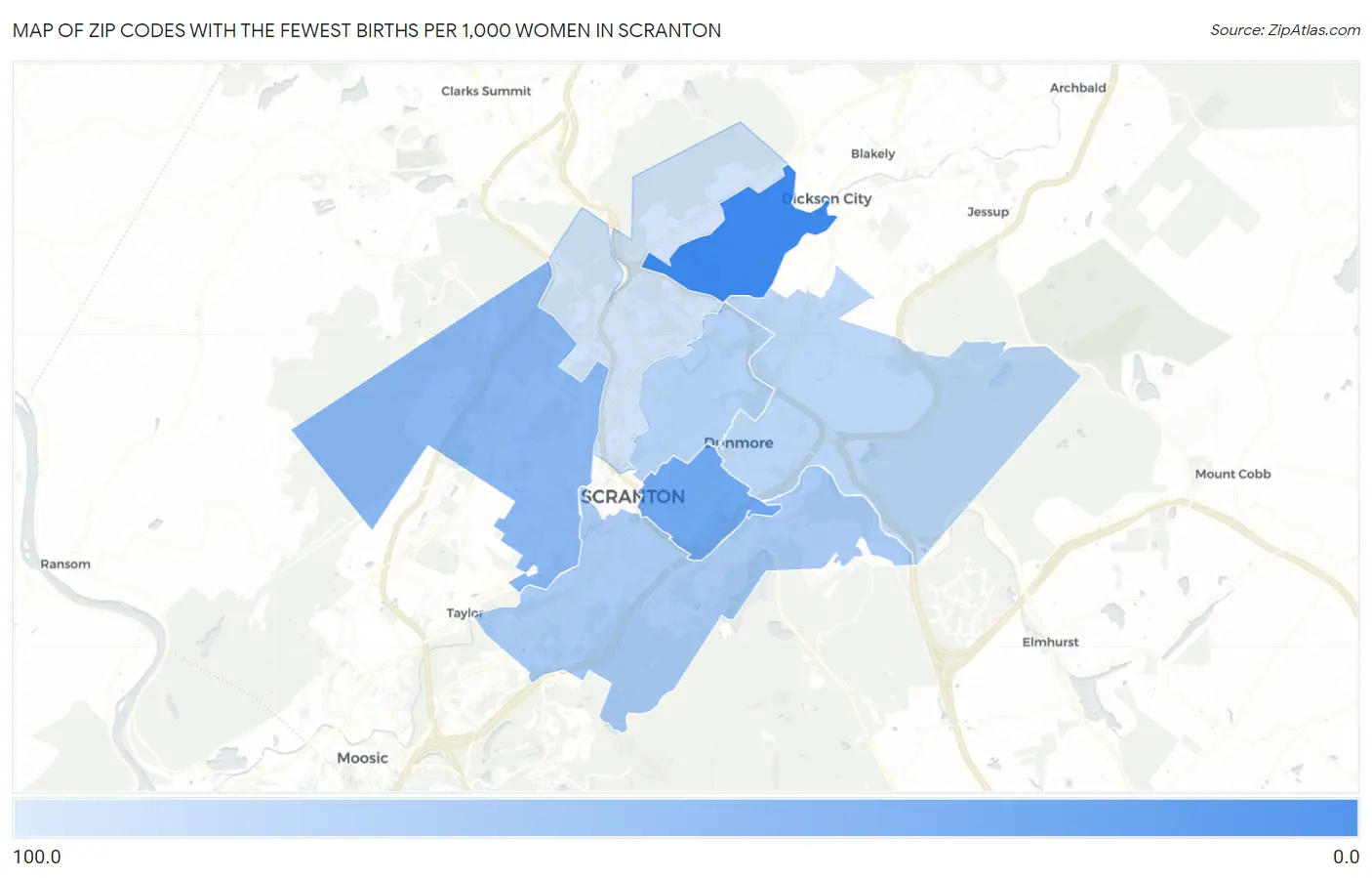 Zip Codes with the Fewest Births per 1,000 Women in Scranton Map