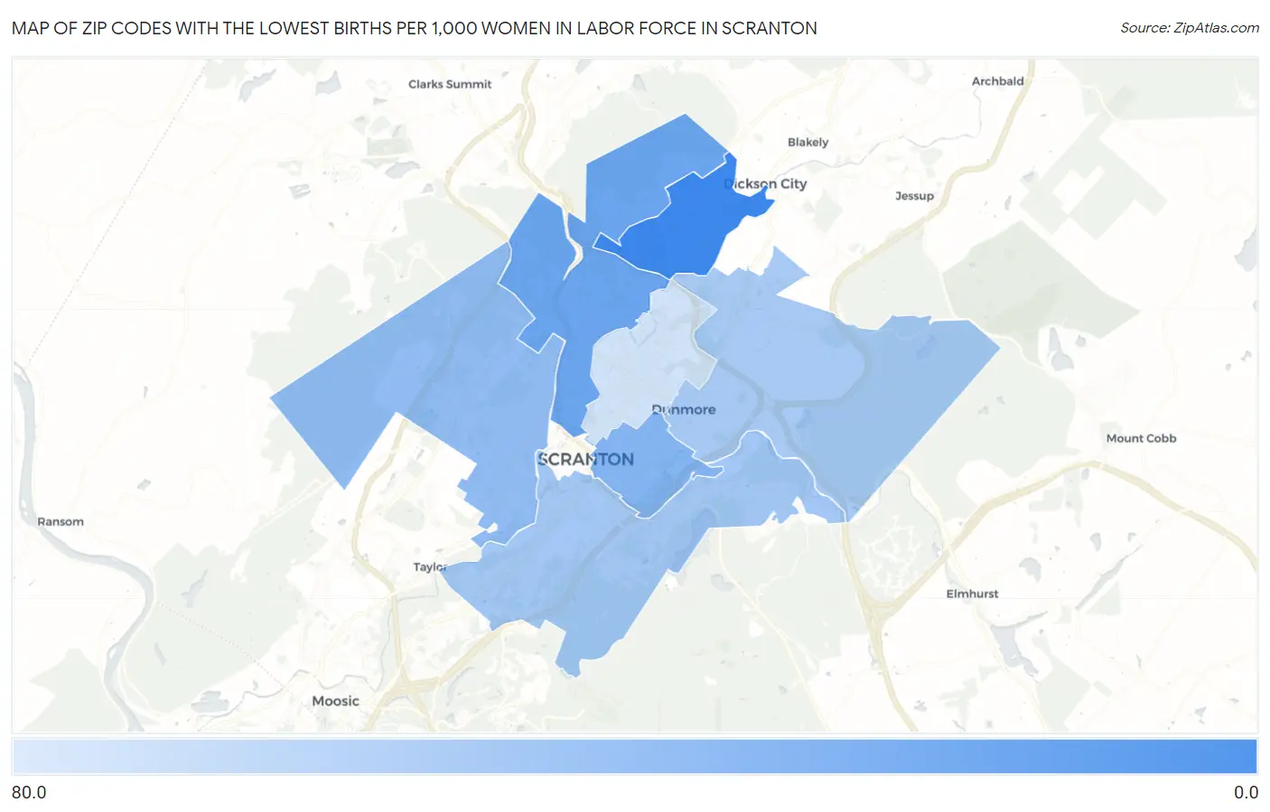 Zip Codes with the Lowest Births per 1,000 Women in Labor Force in Scranton Map