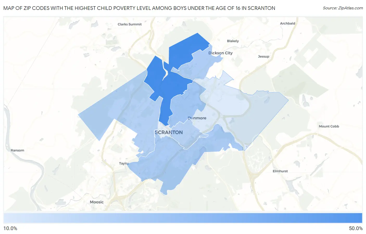 Zip Codes with the Highest Child Poverty Level Among Boys Under the Age of 16 in Scranton Map