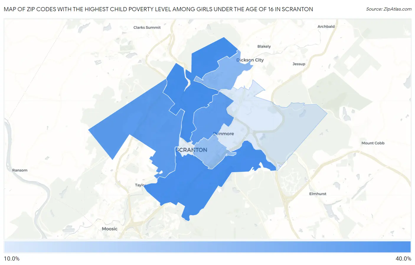 Zip Codes with the Highest Child Poverty Level Among Girls Under the Age of 16 in Scranton Map