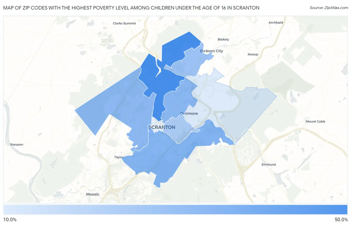 Zip Codes with the Highest Poverty Level Among Children Under the Age of 16 in Scranton Map
