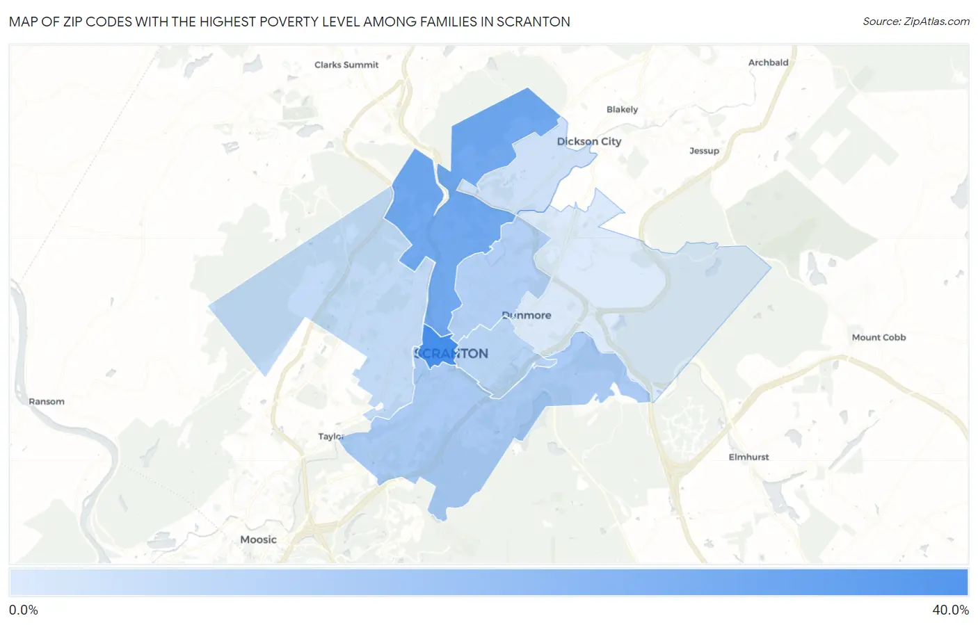 Zip Codes with the Highest Poverty Level Among Families in Scranton Map