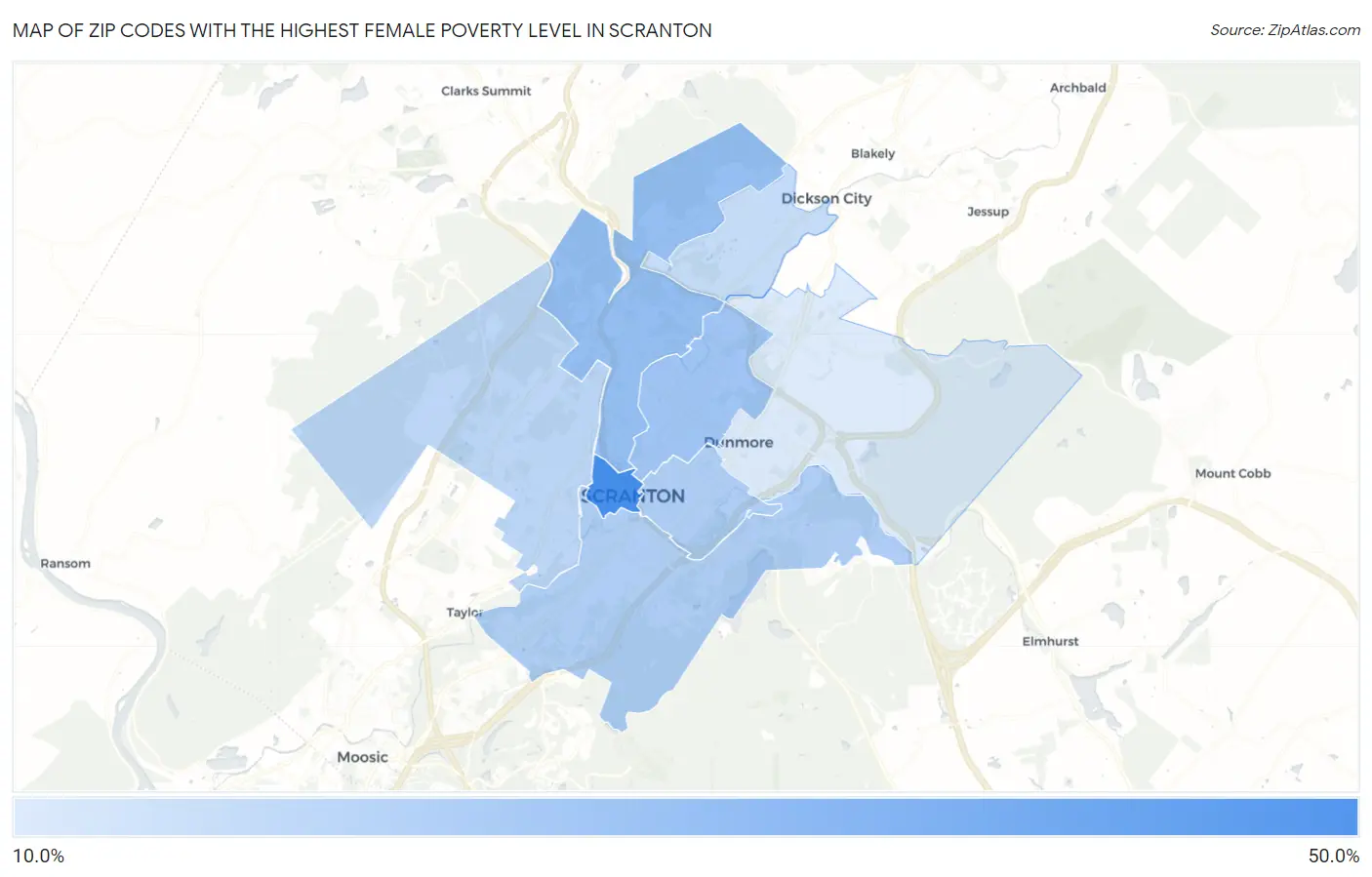 Zip Codes with the Highest Female Poverty Level in Scranton Map