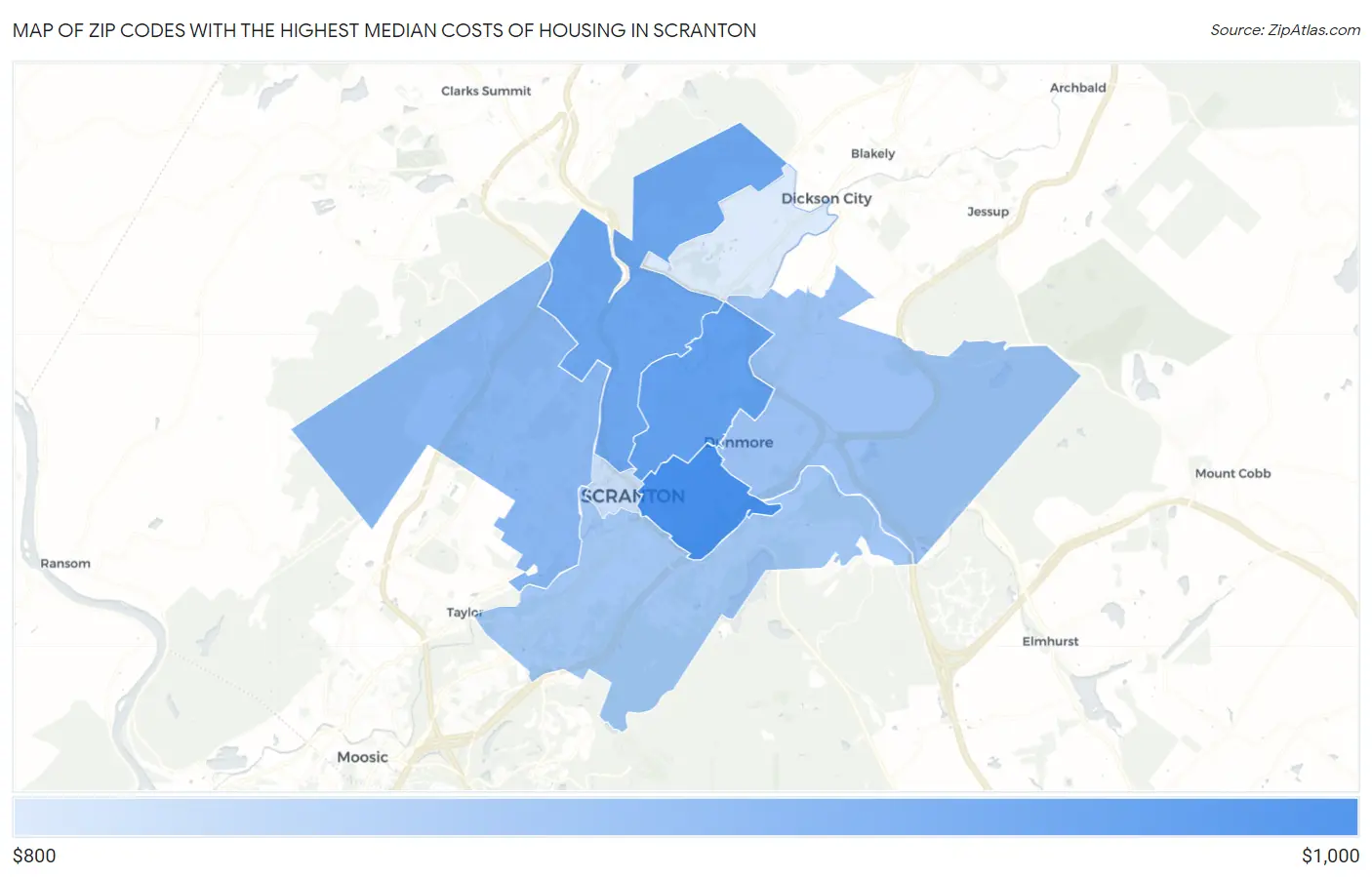 Zip Codes with the Highest Median Costs of Housing in Scranton Map