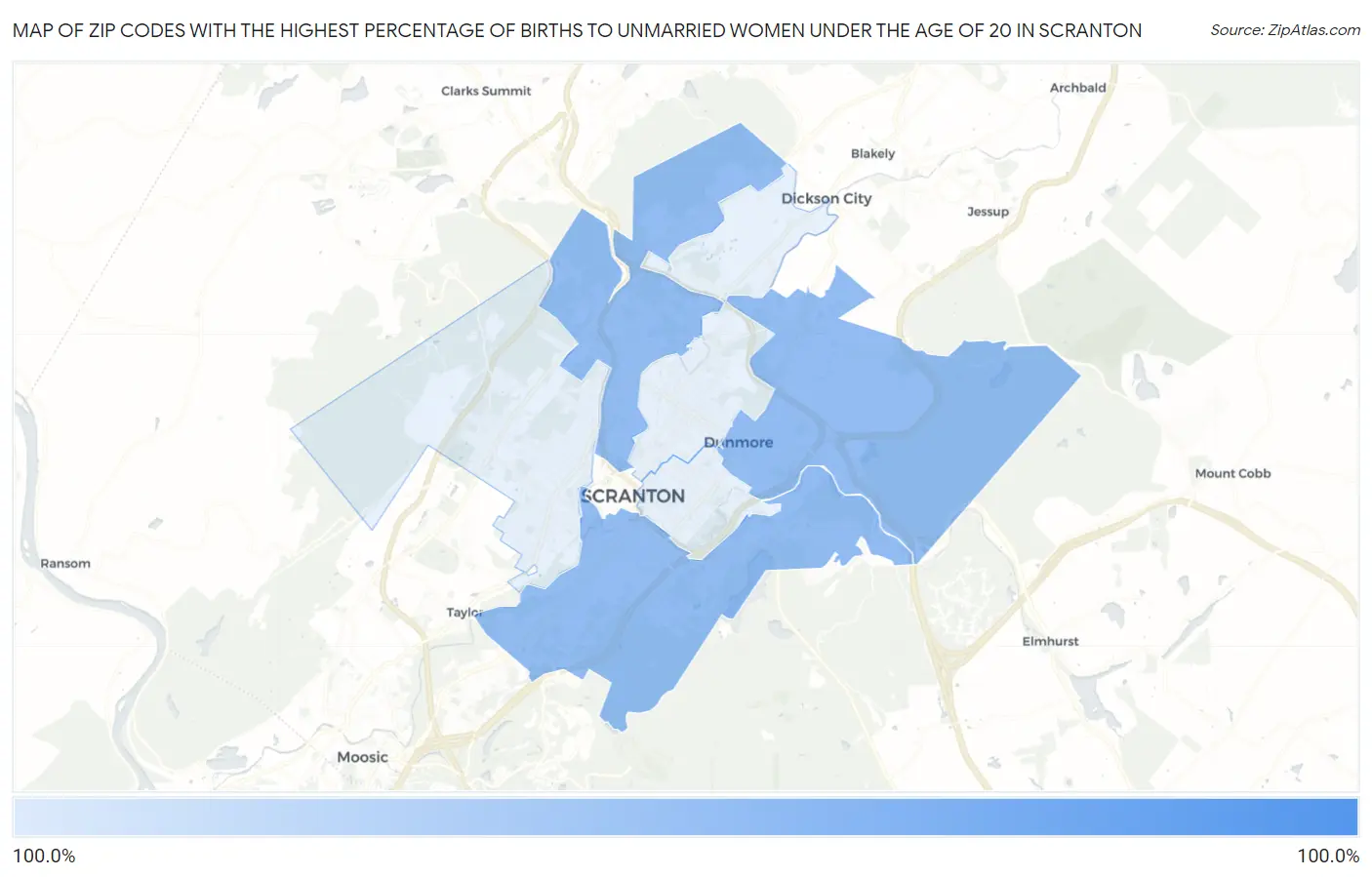 Zip Codes with the Highest Percentage of Births to Unmarried Women under the Age of 20 in Scranton Map