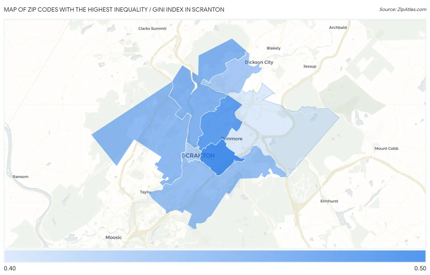 Zip Codes with the Highest Inequality / Gini Index in Scranton Map