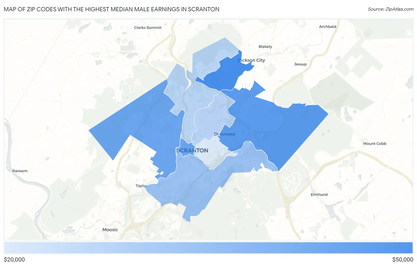 Zip Codes with the Highest Median Male Earnings in Scranton Map