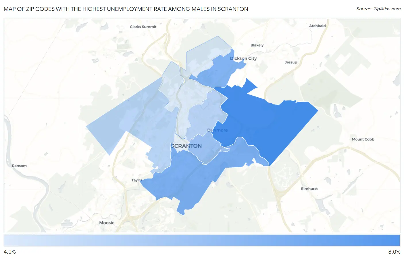 Zip Codes with the Highest Unemployment Rate Among Males in Scranton Map