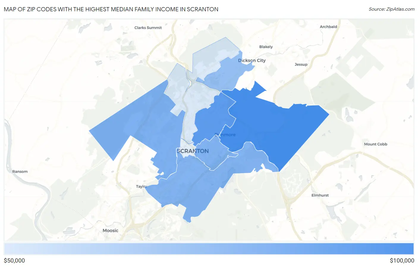 Zip Codes with the Highest Median Family Income in Scranton Map