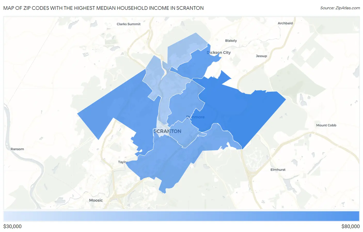 Zip Codes with the Highest Median Household Income in Scranton Map