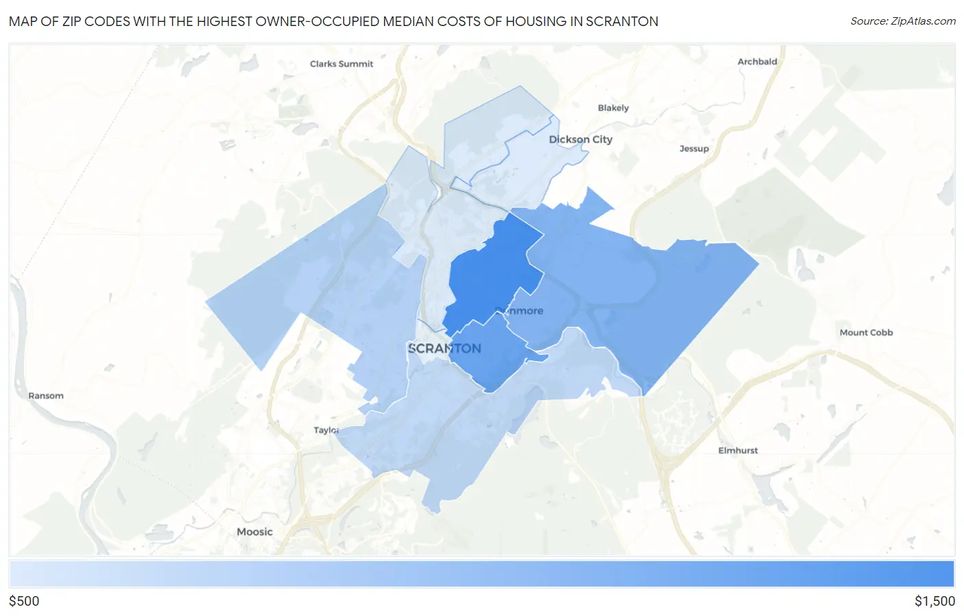 Zip Codes with the Highest Owner-Occupied Median Costs of Housing in Scranton Map