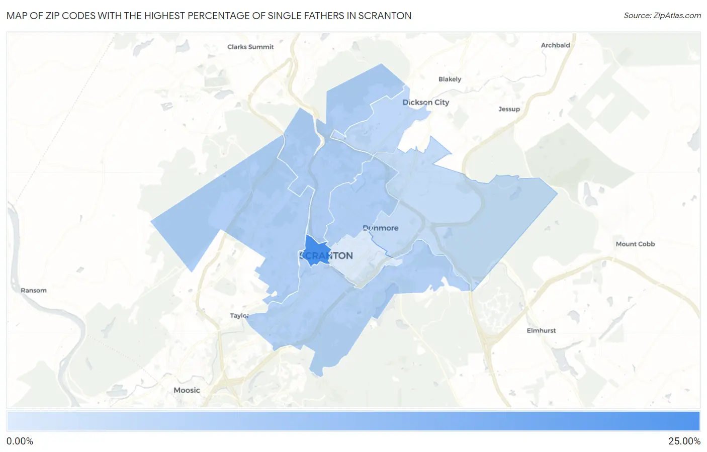 Zip Codes with the Highest Percentage of Single Fathers in Scranton Map
