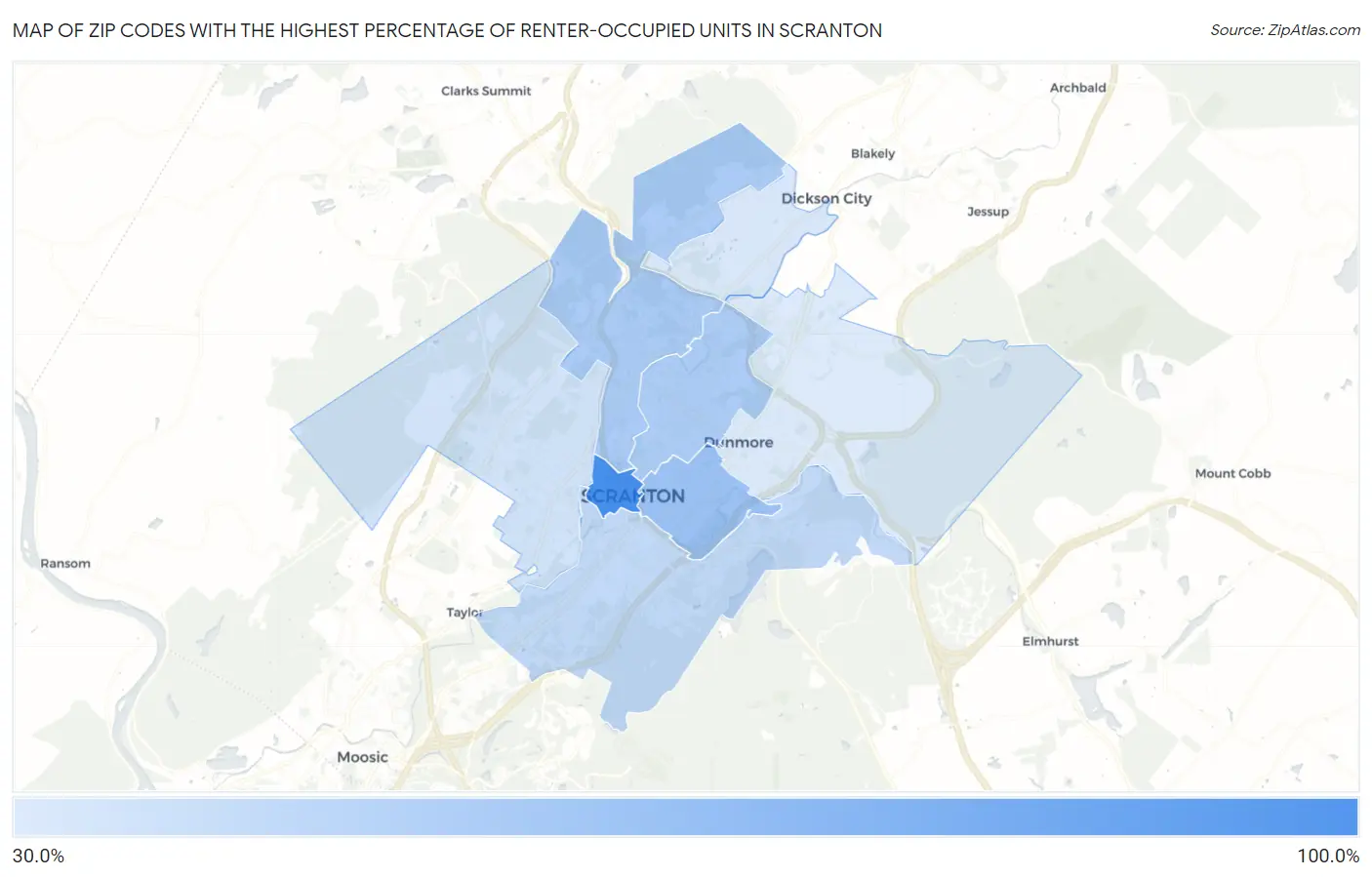 Zip Codes with the Highest Percentage of Renter-Occupied Units in Scranton Map